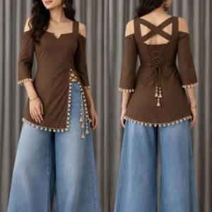 Brown Cold Shoulder Kurti With Jeans