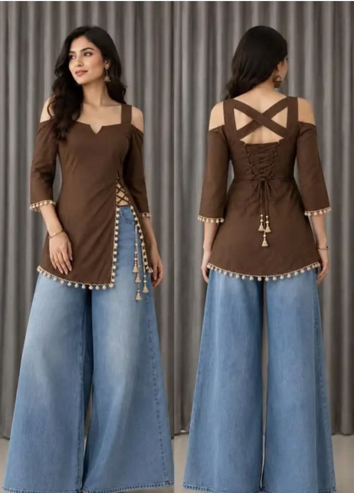 Brown Cold Shoulder Kurti With Jeans