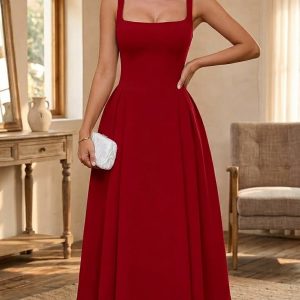 Women's Deep Red Elegant Midi Dress