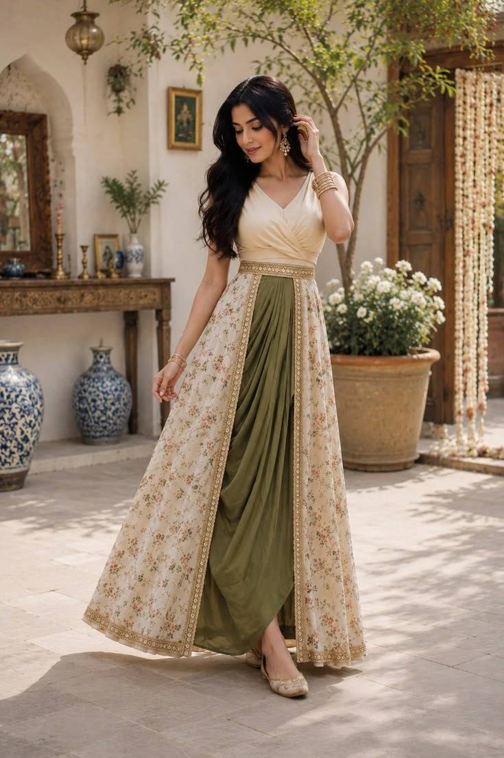 Elegant Floral Indo Western Drape Gown