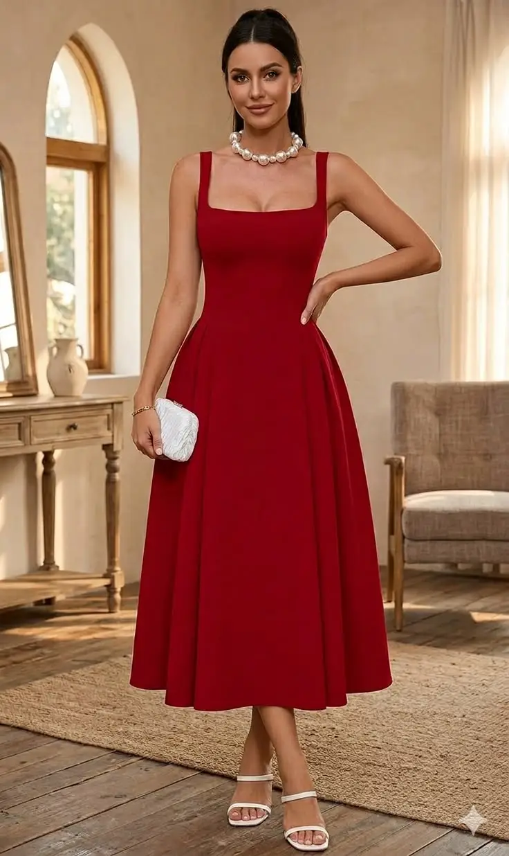 Women's Deep Red Elegant Midi Dress